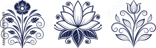 Three dark blue floral decorative motifs with leaves and swirls on white background ornament