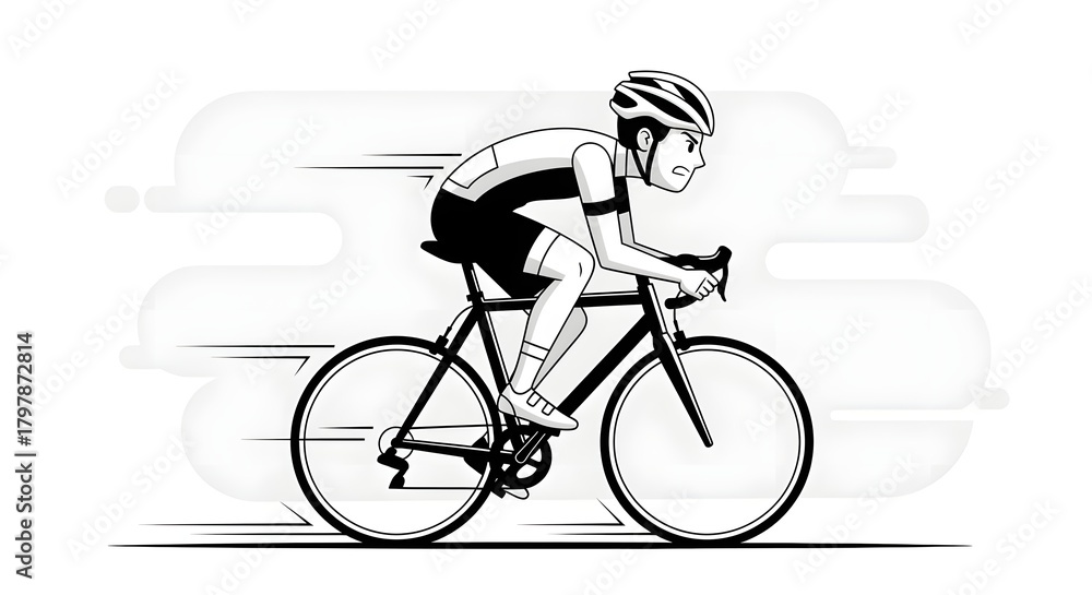 Fototapeta premium Dynamic monochrome vector illustration of a focused cyclist racing on a road bicycle, capturing the essence of speed, athletic determination, and competitive cycling performance