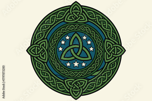 Intricate celtic knotwork design with a central triquetra symbol and starry background