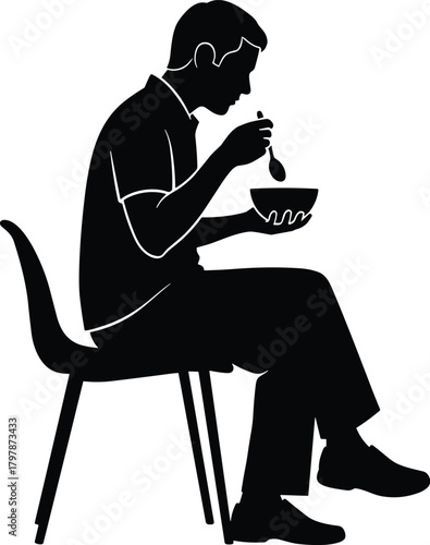 Person sitting and eating with spoon, daily lifestyle activity, silhouette posture, nutrition concept, flat vector illustration, black graphic art