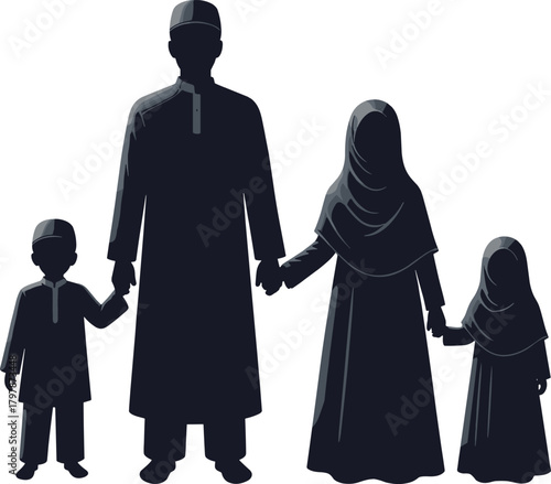 Traditional Muslim family holding hands, cultural attire silhouette, unity and heritage concept, flat vector illustration, black graphic art, modest clothing