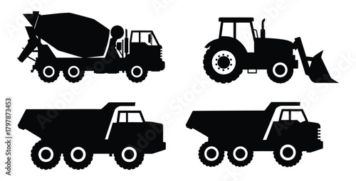 Construction vehicles including cement mixer tractor and dump trucks in black silhouette