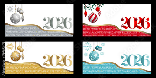 2026 - 4 versions dans plusieurs couleurs d’une carte de vœux avec diverses langues international pour souhaiter le nouvel an - traduction : bonne année.
