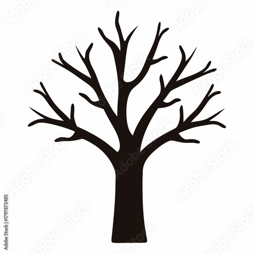 Bare Black Tree Silhouette on White Background, Autumn or Winter Season