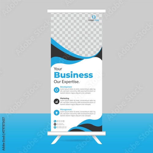 Modern business roll up banner stand with blue wave design