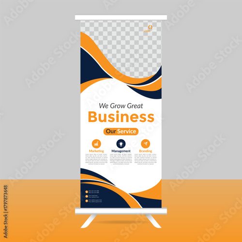 Modern business roll up banner stand with orange and blue accents
