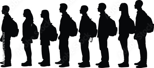 Group of diverse people with backpacks, standing in line, student or traveler silhouettes, flat vector illustration, black graphic art