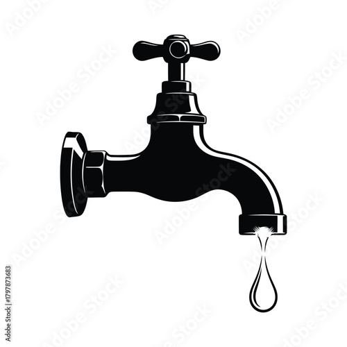 Black and white illustration of a leaky faucet with a single water drop falling down