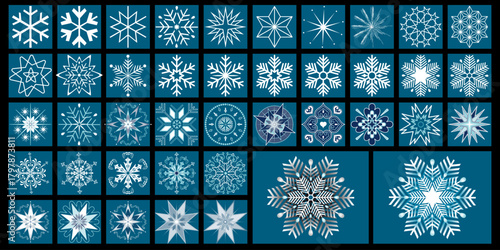 Collection de pictogrammes de flocons de neige dans des nuances de couleur blanche et bleu.