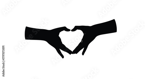 Silhouettes of hands forming a heart shape, symbolizing love and connection against a white background.