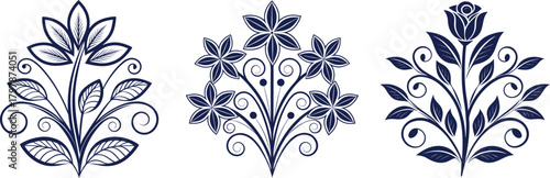 Three dark blue floral ornamental designs with swirling leaves and flowers decorative flourish