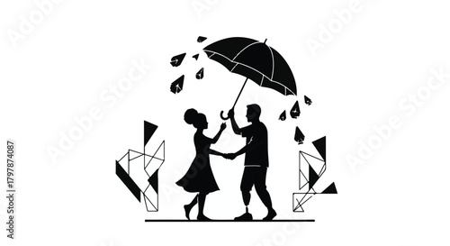 Loving couple sharing an umbrella in the rain amidst abstract shapes