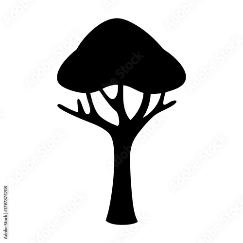 Silhouette of a mature tree with a rounded crown against white background