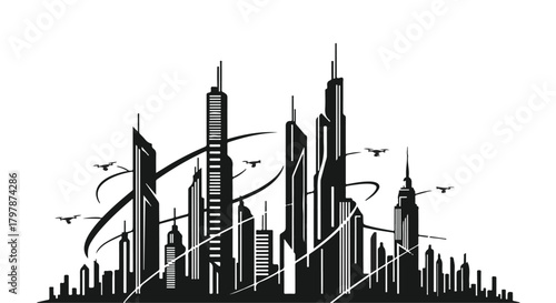 Sleek, modern cityscape with soaring skyscrapers and stylized flying vehicles