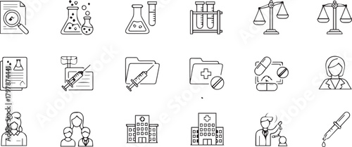 Medical and healthcare icons including research, treatment, and legal aspects