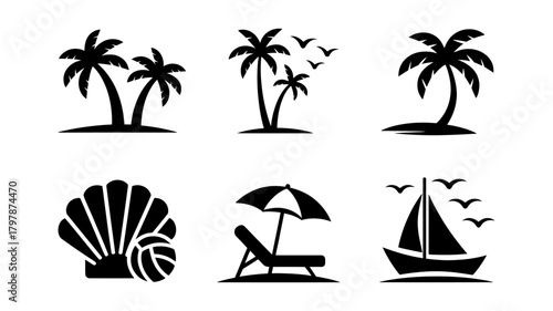 Stylish coastal paradise palm icons pack illustrating tropical elements with minimal lines perfect for travel logos, coastal branding, summer campaigns, clean artwork, and contemporary visual design p