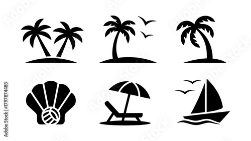 Stylish coastal paradise palm icons pack illustrating tropical elements with minimal lines perfect for travel logos, coastal branding, summer campaigns, clean artwork, and contemporary visual design p