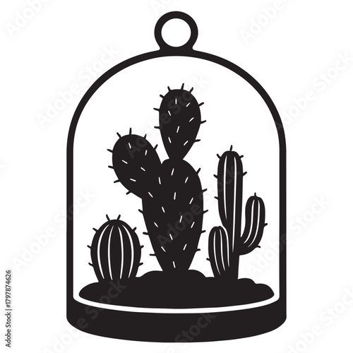 Cactus Terrarium Icon in Silhouette Style