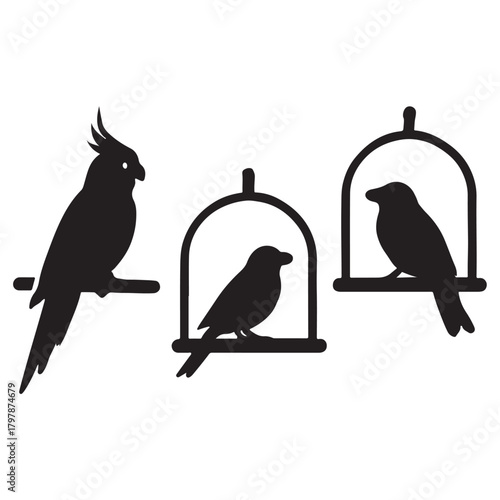 Parrot and Small Birds in Cage Silhouette Vector Icon Set