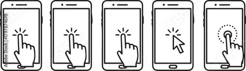 Set of five smartphone icons showing different touch gestures