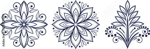 Three intricate navy blue floral and leaf designs on a white background motif decoration