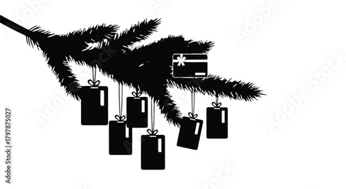 Gift cards and small presents hang like ornaments on a dark silhouette of a pine branch against a white background.