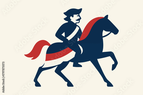 Stylized illustration of a historical military figure on horseback in patriotic colors