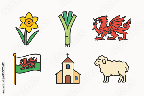 Collection of welsh symbols including daffodil dragon flag church and sheep