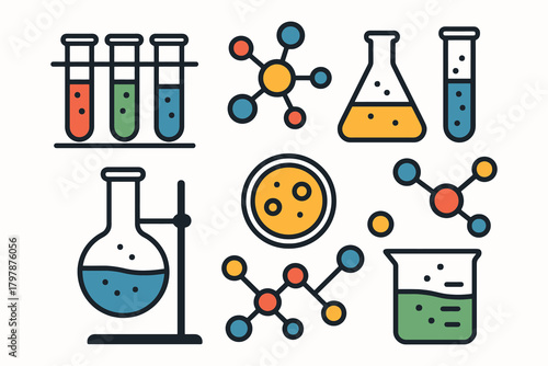 Collection of colorful science laboratory equipment and molecular structures on a white background
