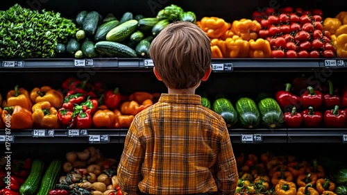 Young Child Looking at Fresh Vegetables on Shelves in Supermarket Produce Aisle