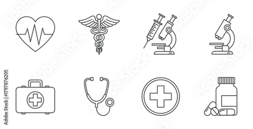 Medical icons showing healthcare equipment and symbols for diagnosis and treatment use