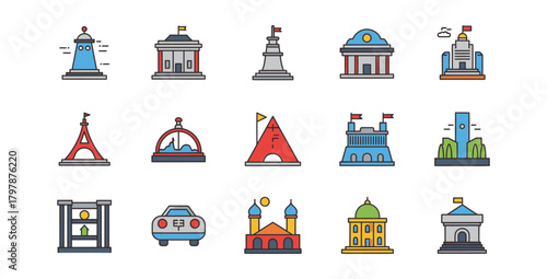 Collection of colorful landmark icons representing global travel and famous locations