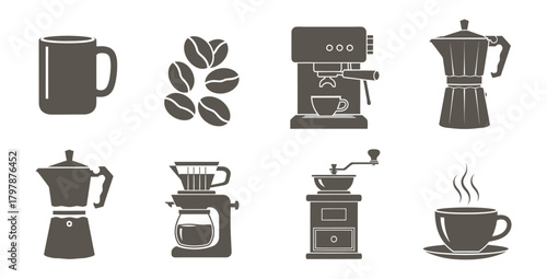 Assortment of coffee brewing equipment and coffee beans displayed on a white background