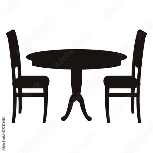 Silhouette of a round dining table with two chairs arrangement