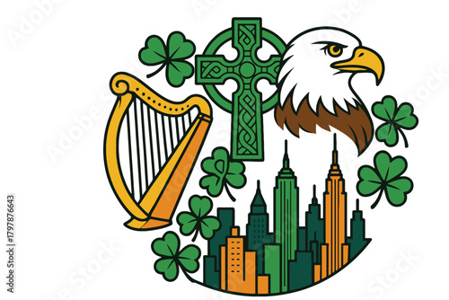 Irish american heritage symbols including eagle harp celtic cross shamrocks and new york city skyline