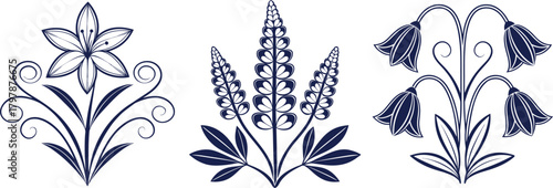 Three stylized floral ornaments in navy blue on a white background decoration element
