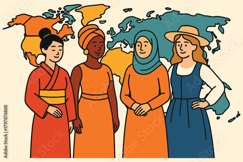 Diverse women from different cultures standing together in front of a world map illustration