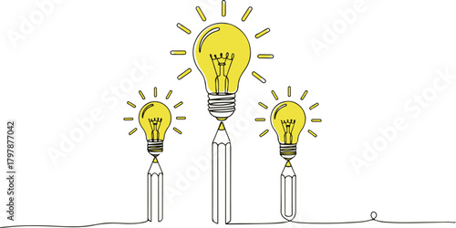 Three glowing light bulbs powered by pencils, symbolizing creativity and new ideas