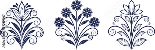 Three navy blue stylized floral decorative elements on a white background ornament motif