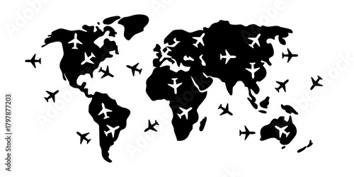 World Map with Airplane Icons. Global Travel and Aviation Graphic Representing International Connectivity. Suitable for promotional materials focused on worldwide mobility and exploration.