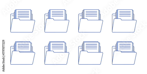Eight blue file folders filled with documents arranged on a white background pattern