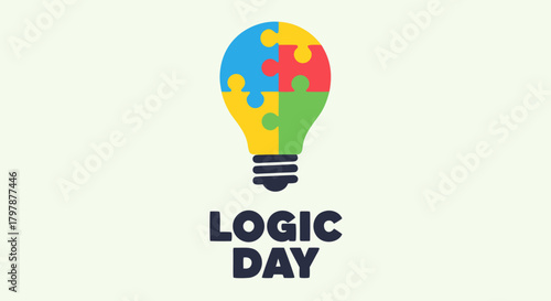 Logic Day celebrated with lightbulb puzzle featuring colorful jigsaw pieces. Logic Day event includes symbolic bulb and assembled puzzle, showcasing critical thinking.