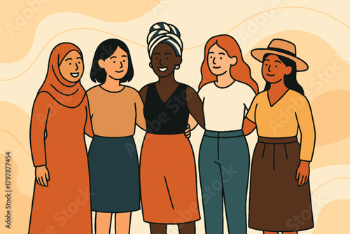 Diverse group of women standing together embracing unity and sisterhood in warm tones