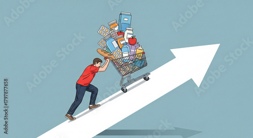 Man pushing shopping cart full of goods up arrow, symbolizing consumerism, inflation, economic challenges, and the rising cost of living