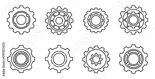 Collection of eight gear icons in black outline on a white background for engineering use