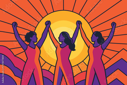 Three diverse women holding hands up in unity against a vibrant sunburst background