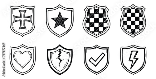 Collection of hand drawn shield icons with various symbols for security concepts set