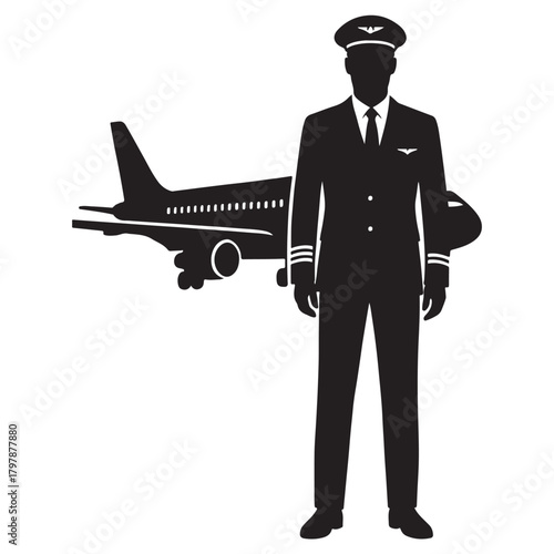 Airline Pilot with Airplane Silhouette, Aviation Professional Vector