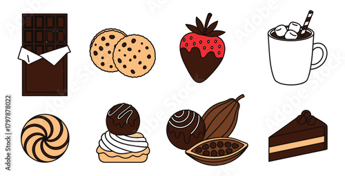 Assortment of delicious chocolate treats including bar cookies strawberry and cocoa drink
