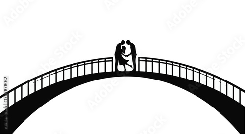 Silhouetted couple embracing on a bridge, symbolizing love and connection.